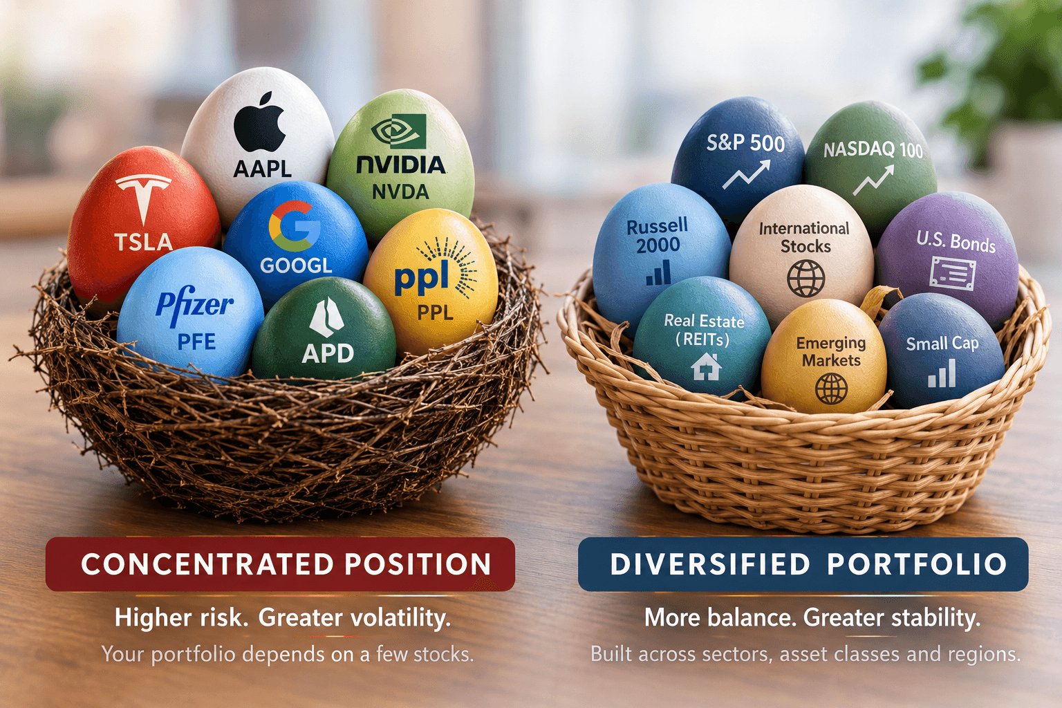 Illustration of separate baskets of eggs comparing a concentrated stock position with a diversified portfolio across sectors, asset classes, and regions