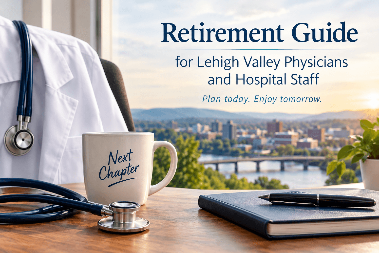 Retirement guide for Lehigh Valley physicians and hospital staff: a white coat and stethoscope on a desk beside a notebook, with a view of a Lehigh Valley river town
