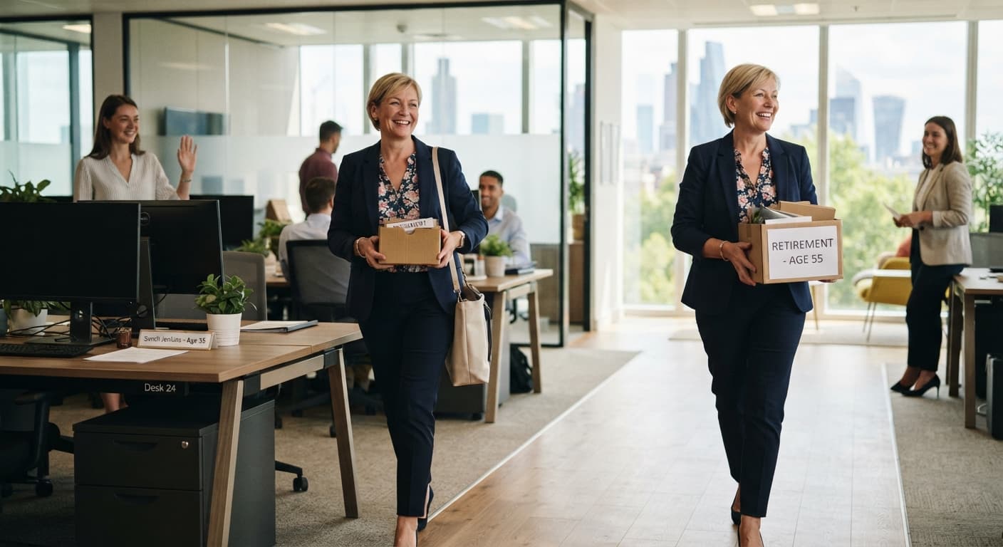 A professional carrying a box labeled Retirement - Age 55 through a bright office as coworkers wave goodbye
