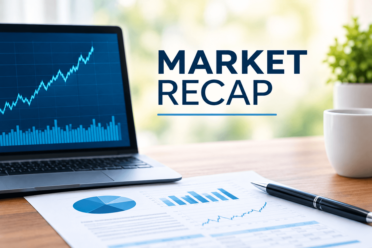 Market Recap title beside a laptop showing market charts, with printed charts and a pen on a desk