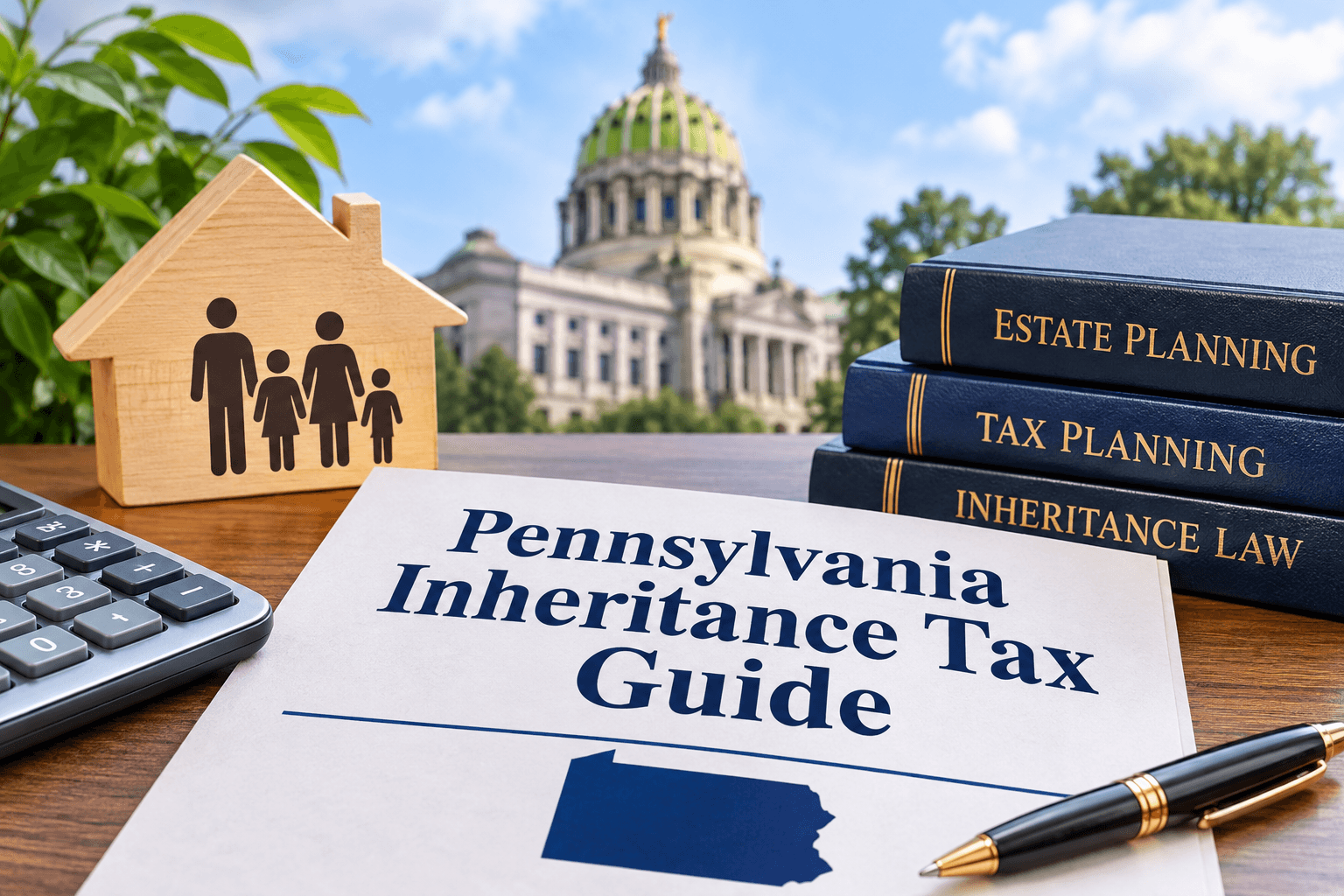 A Pennsylvania Inheritance Tax Guide on a desk with a wooden house block showing a family, books on estate planning, tax planning and inheritance law, a calculator, a pen, and the Pennsylvania State Capitol in the background